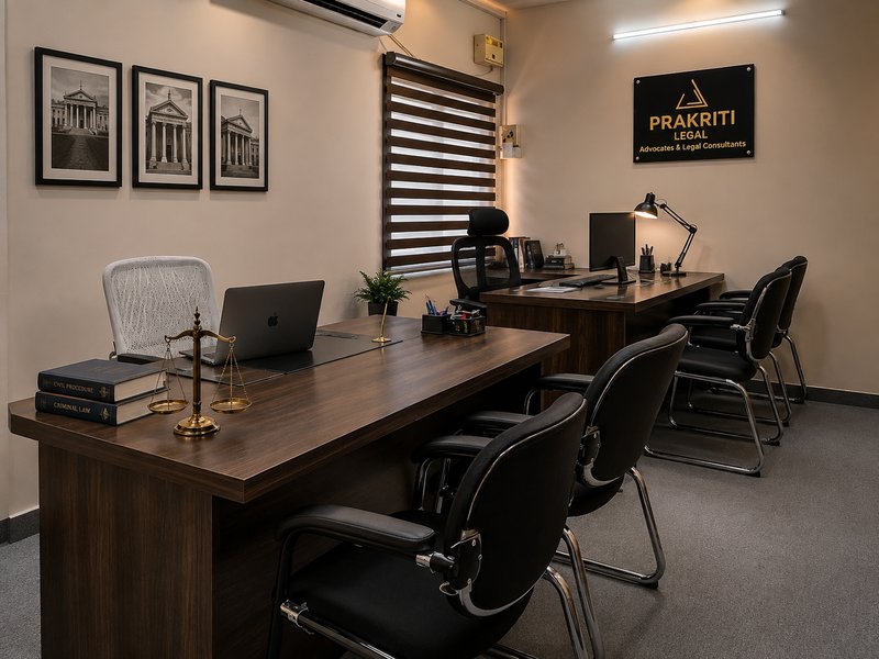 Prakriti Legal partner desk with firm signage