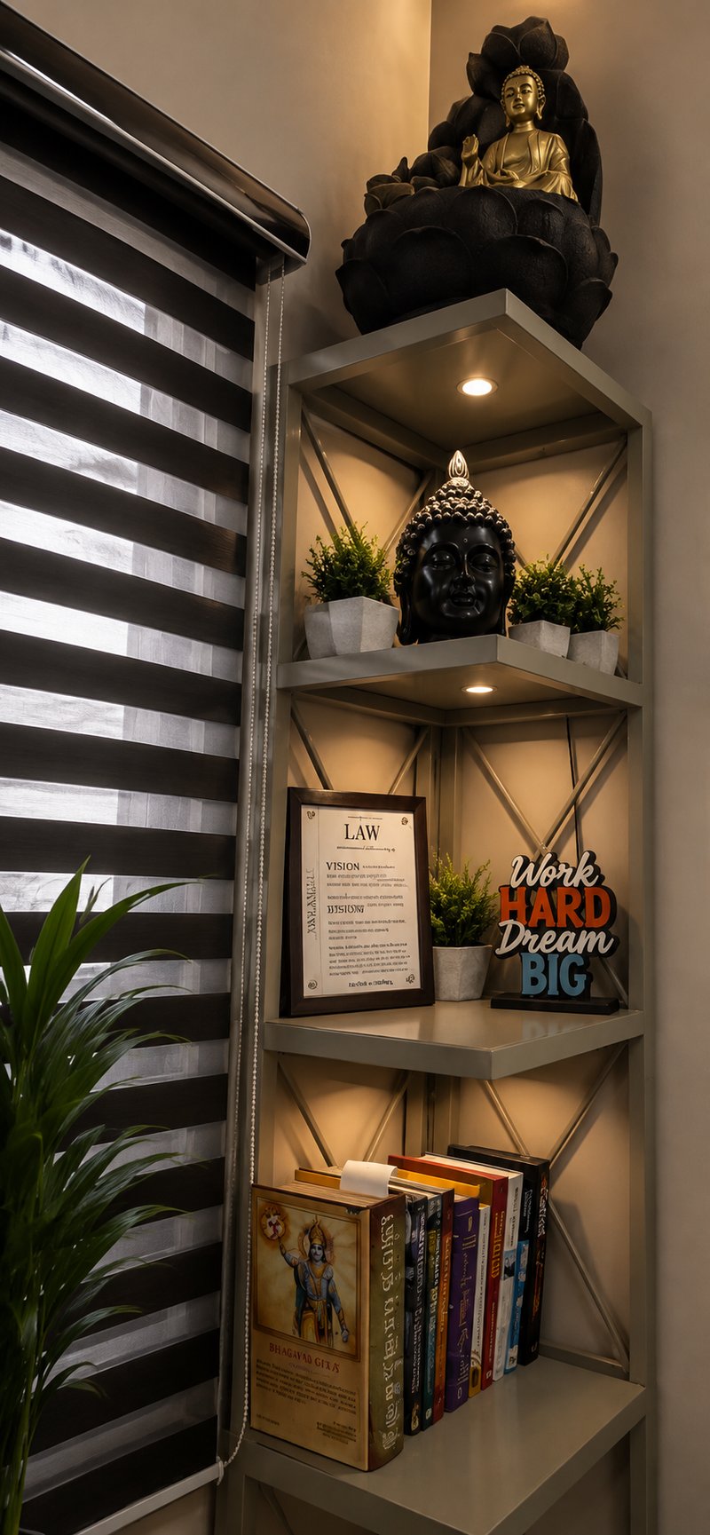 Office reading corner with law texts and décor